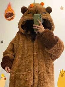 1件水豚毛绒毯，可爱水豚毛绒毯，水豚连帽珊瑚绒卡通可爱连帽睡袍，秋冬卡通甜美可爱女士冬季连帽毯 - 厚绒动物图案长毯，超柔软保暖睡眠毯 - 彩色 - 查看 3