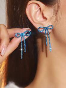 Retro Shining Tassel Club Bowknot Crystal Rhinestone Earrings Stud Wedding Party Graduation Jewelry 1 Pair - Silver - View 22