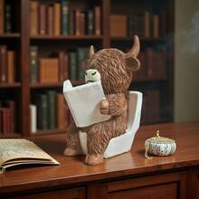 Decoración navideña, adorno de vaca de las tierras altas lindo, diseño de lectura en el inodoro y bañera, decoración popular para el hogar en temporada festiva - Marrón - Ver 4