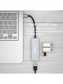 PHILIPS Stație de andocare SWR1604L/93, hub USB cu patru porturi, pentru laptopuri, unități USB, tastaturi, hard disk-uri mobile și hub-uri USB multi-port (gri spațial)