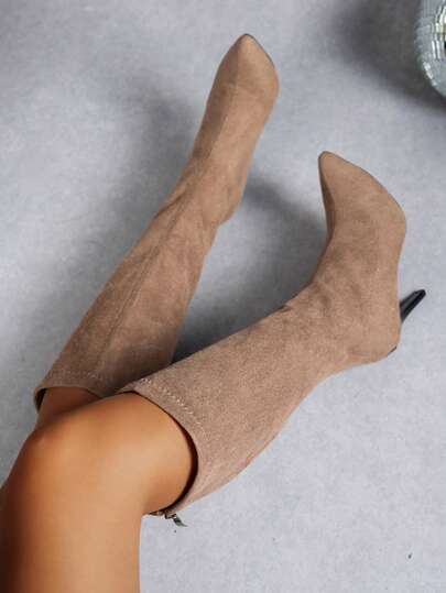 Women's Pointed Toe Slim High Heel Pull-On Stretch Thigh High Boots, Versatile Elastic Tall Boots, Autumn/Winter