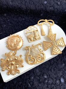 1 件简约时尚合金压花花卉十字架盾牌竖琴新月猫蝴蝶结兔子法老胸针，适合女性日常和派对佩戴珠宝服装配饰包饰办公室配饰圣诞礼物 - 金色 - 查看 3