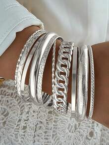 5-19件夸张时尚不对称宽手镯套装，适合女性日常佩戴、约会、聚会、生日礼物 - 銀色 - 查看 10