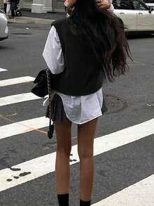 FOR BEAUTY 春秋新款V领无袖针织背心，女士休闲宽松短款毛衣，新年单品 黑色 - 黑色 - 查看 5