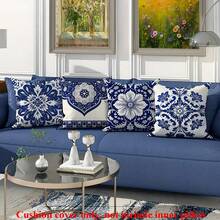 4件套花卉植物图案藏青色和白色涤纶枕套，复古波西米亚风格装饰靠垫套，45*45厘米/17.71英寸X17.71英寸，适用于客厅、卧室、沙发、床装饰，不含枕芯