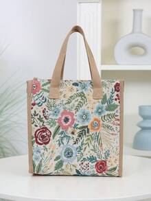 DLIU 新款加厚提花面料手提袋、午餐袋、便当袋、保温午餐盒袋、手提袋、带拉链封口的多用途包、铝箔隔热层，用于携带午餐盒上班午餐袋女士午餐盒上学旅行便携式防水袋保温午餐袋午餐盒 - 白色 - 查看 4