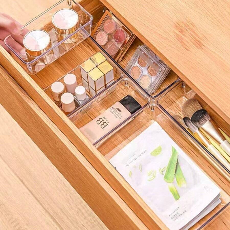 4-Piece Acrylic Drawer Organizer Set, Transparent Plastic Makeup Tray Trays For Vanity, Bathroom, Jewelry, Cosmetics, And Small Tools Storage Boxes, Kitchen Utensil Divider Boxes For Desk, Table