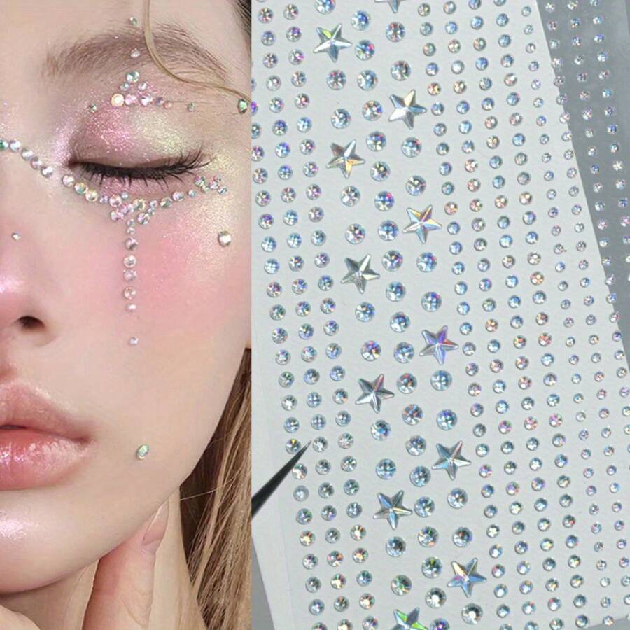 Charming Star-Shaped Rhinestone Face And Eye Makeup Set - Sparkling Multi-Pattern Laser Diamond Stick For Dazzling Stage Looks - 9系列2-7四拼雷射星鑽貼紙 - 查看 1