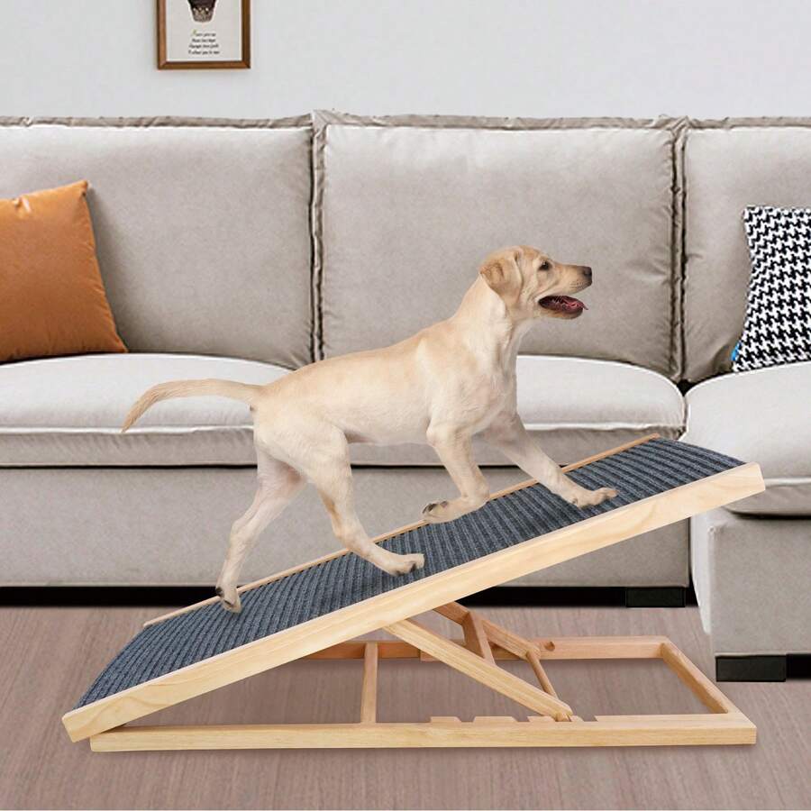 Rampa ajustable para mascotas, escalera plegable antideslizante para subir perros, rampa auxiliar para sofá cama para mascotas con reposapiés de madera - Color de la veta de la madera - Ver 1
