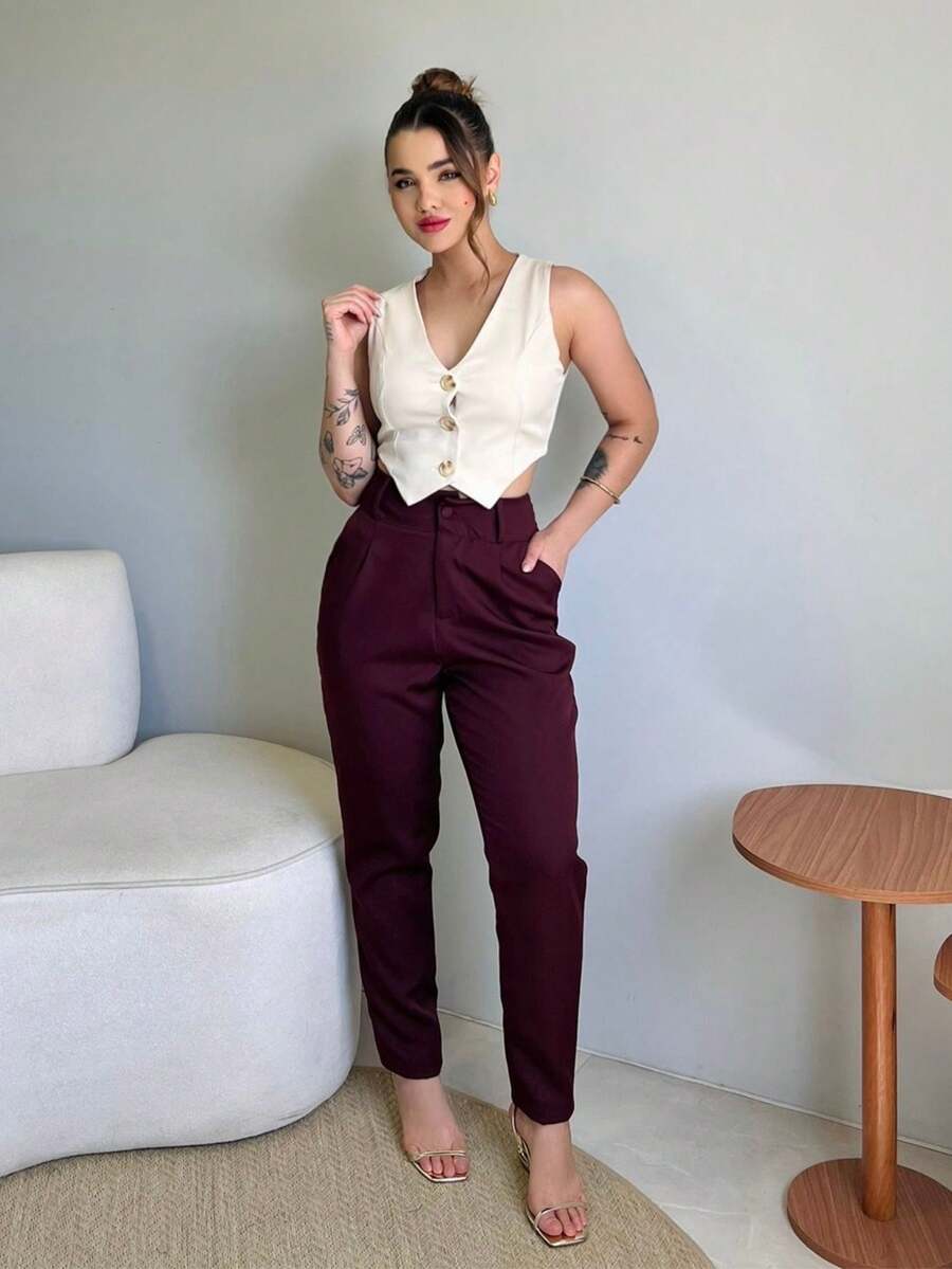 Women's High Waist Pleated Tailored Pants, Formal, Casual, Elegant - 紅木色 - 查看 1