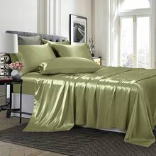 4 Piece Satin Sheets Twin Size Silky Smooth Beige Sheet Set With Deep Pocket, Fitted Sheet, Flat Sheet, 2 Pillowcases, Luxury Comfort - 橄欖綠 - 查看 12