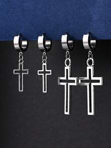 2 对不锈钢金属迷你星星十字架耳环，适合男士、闺蜜和情侣 - 銀色 - 查看 14