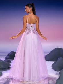 Anymoon Women's High Waist Ruffle Trim Long Evening Dress - Baby Pink - View 3