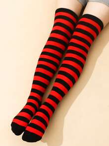 1 Pair Women's Red And Black Striped Over,The,Knee Socks, Cozy Socks - Multicolor - View 3
