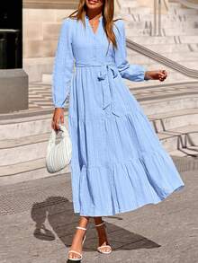 Womens Fall Maxi Dresses Casual Long Sleeve V Neck Button Down Flowy A Line Tiered Shirt Dress With Pockets - Màu xanh nhạt - Xem 7