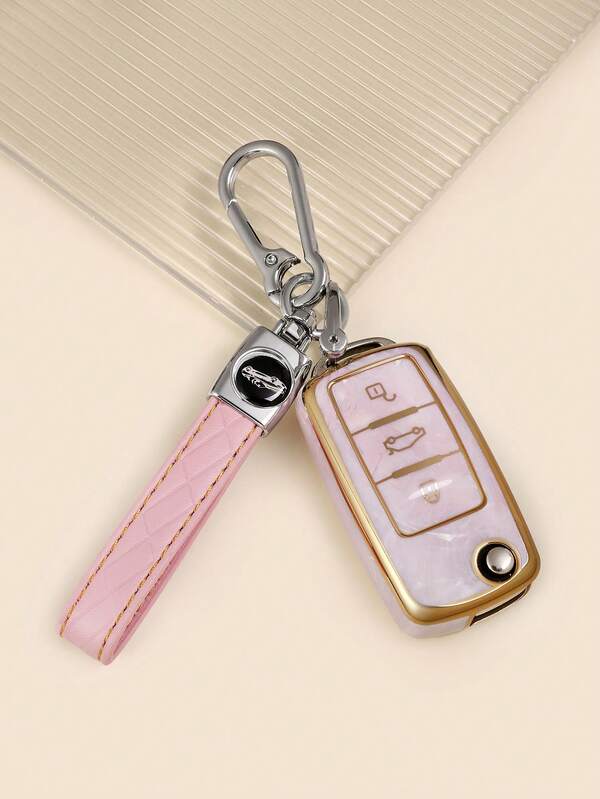 غطاء حافظة مفتاح السيارة الناعم من TPU الوردي مع حجر الجاد المدمج + سلسلة مفاتيح وردية مخصصة مع مفك، مقاوم للخدش والسقوط، بسماكة 0.1 مم فائقة الرقة والهدوء، قابل للطي ب- 3 أزرار مناسب تمامًا، حماية إشارة 360 درجة، طلاء مقاوم للبصمات، كما لو كان جديدًا [تحقق من صفحة التفاصيل للموديلات المتوافقة]