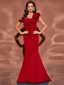 女式荷叶边不对称露肩修身优雅鱼尾下摆鸡尾酒会晚礼服 - 紅色 - 查看 4