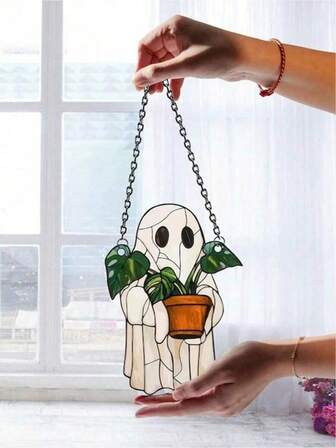 1pc Cute Ghost & Plant Decor, Colorful Acrylic Window Decoration, Gothic Dream Catcher, Horror Home Decor, Halloween Window Decoration, Gothic Aesthetic, Suitable For Home, Bedroom, Living Room, Halloween Gift, Wall Decor, Room Decor Halloween Decor, Autumn Decor (Please Peel Off The Protective Film Before Use, Acrylic Material, Not Glass)