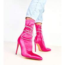 Botas de tobillo de tacón de aguja de satén rosa adornadas con rhinestones Tolnai - Rosa - Ver 1