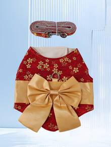 1 件可爱时尚的宠物狗连衣裙，拼色花卉印花，带丝带系带设计，带牵引绳附件和可调节胸部/颈部