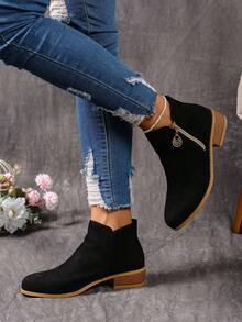 Botines de mujer de moda, punta afilada, tacón medio, cierre de cremallera, parte superior/plantilla de tela, cómodos para todas las estaciones - Adecuados para uso casual con vaqueros y vestidos, vacaciones, actividades al aire libre, viajes, botas casuales, botas de punta afilada, botas de tobillo de mujer, botas planas de mujer, botas de tacón grueso, botas anchas de mujer, calzado cómodo