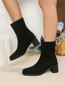 Western Style British Thick Heel Short Boots For Women, Slim Fit Boots In Brown & Black Color, Square Toe High Heel Knit Elastic Ankle Boots, Autumn/Winter