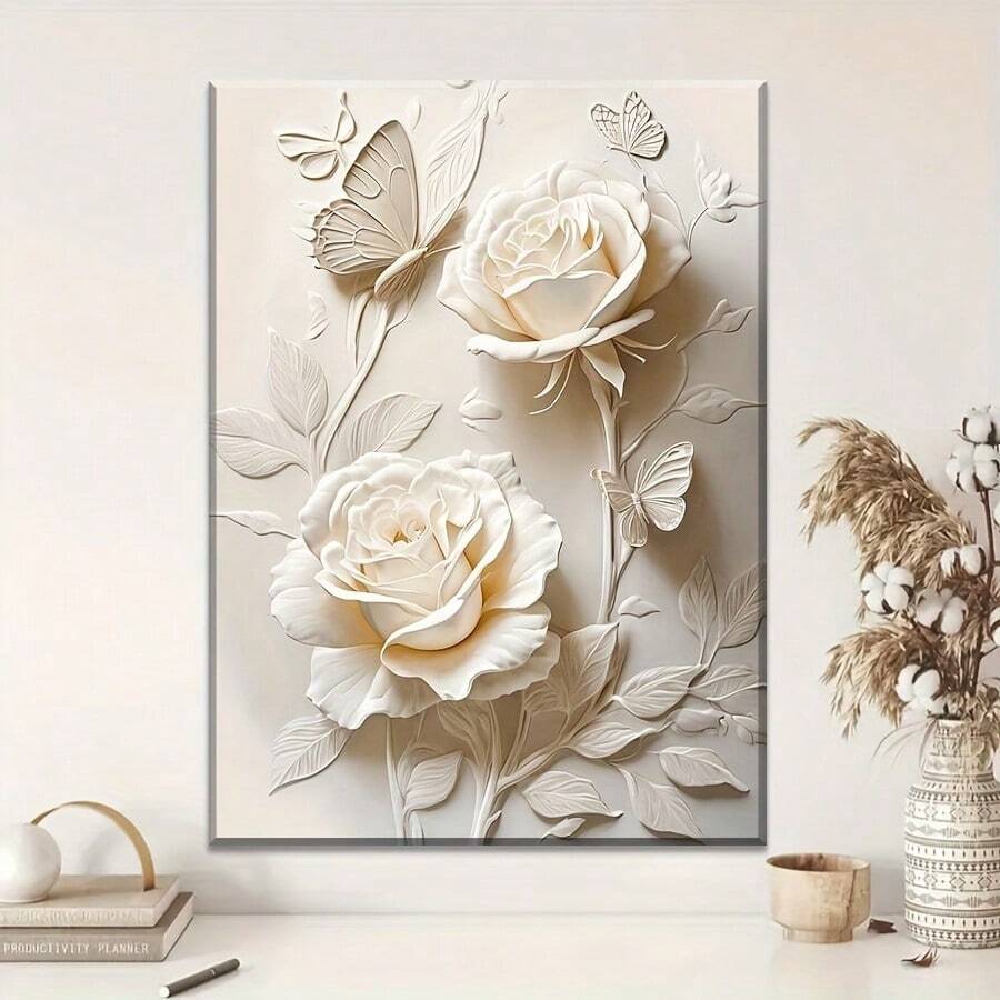 1 pièce Œuvre d'art sur canevas élégante avec rose blanche et papillon en relief - Décoration murale florale moderne pour le salon, la chambre à coucher, le bureau - Peinture abstraite de fleurs sans cadre avec des accents crème - Cadeau parfait pour Halloween, Thanksgiving, Noël