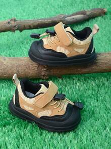 1 Pair Khaki Hook And Loop Baby Sports Shoes With Lace Decor, Mesh Material, Fashion, Comfortable, Versatile, Non-Slip, Durable, Suitable For Toddlers, Daily Wear