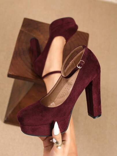 12厘米超高跟女式浅口鞋，厚底踝带正装鞋，优雅性感派对婚鞋，秋季，酒红色