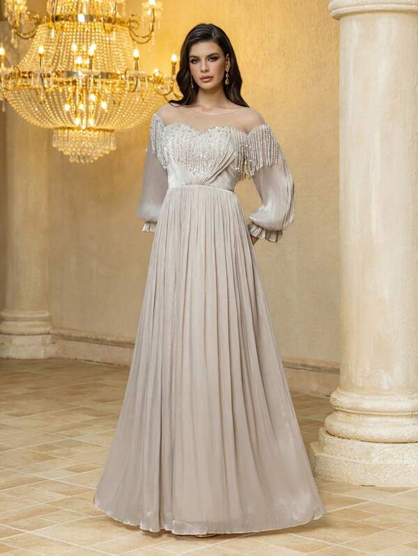 UNITHORSE Vestido largo de noche ajustado de unicolor con mangas farol, cuello redondo y flecos para mujer de la marca UNITHORSE