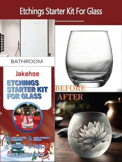 jakehoe 1 Set Glass Etching Kit, Stain-Resistant Etched Pattern Glass, Portable Design, Matte Finish, Easy To Create Complex Designs On Glass Surfaces, Suitable For Various Scenarios
