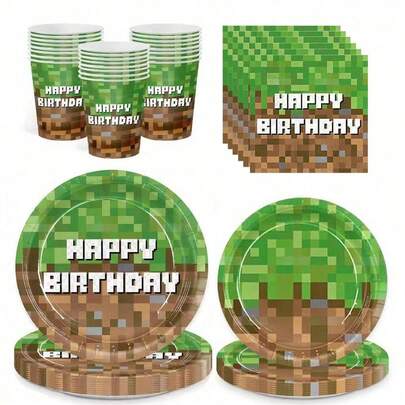 10/20/50pcs,Pixel Party Plates,Cups And Napkins Mining Pixel Happy Birthday Party Supplies Video Game Disposable Paper Tableware Set For Baby Shower Video Game Pixelated Themed Birthday Decoration