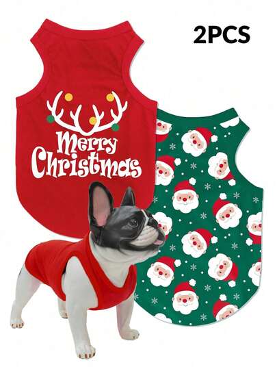 2pcs/Set Santa Claus Print Anti-Flea, Reduce Shedding, Insulating & Breathable Vest For Cats & Dogs, Indoor & Outdoor Use,Christmas,Christmas Decorations