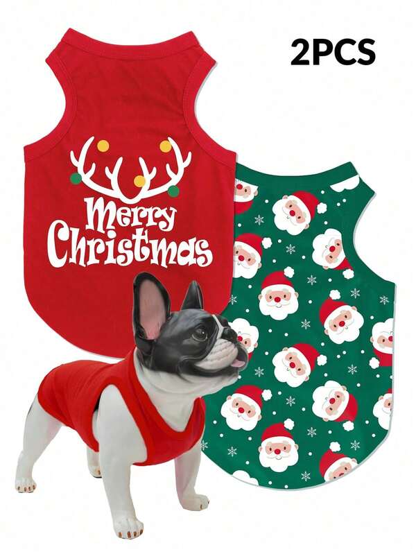 2pcs/Set Santa Claus Print Anti-Flea, Reduce Shedding, Insulating & Breathable Vest For Cats & Dogs, Indoor & Outdoor Use,Christmas,Christmas Decorations