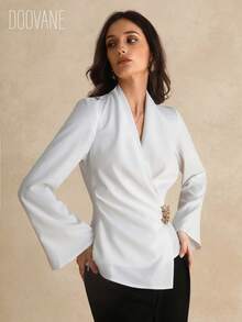 Women Elegant Commuter Solid Color Cross Neckline Metal Detail Long Sleeve Shirt