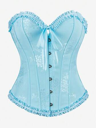 Overbust Bustier Corset Top, Pleated Ruffle Trim Waist Cincher Bodysuit, Formal Occasion Tight Fit Backless Lace-Up Front Corset For Women, Classic Retro Costume For Halloween