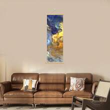1 pièce Affiches d'art mural avec option de rouleau en bois. Peinture abstraite moderne bleu et or nuage imprimé sur canevas. Style décoratif artistique, thème élégant pour mur. Œuvre d'art à l'encre, convient pour salon, chambre, salle à manger. Impression verticale d'intérieur, imperméable et sans odeur.
