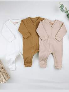 Bebê 3Peças Macacão Minimalista Cores Neutras 0 a 12 Meses Inverno 100% Algodão Recem Nascido Saida Maternidade - Gengibre - Visão 2