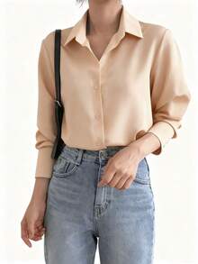ISADORA MODA Women's Long Sleeve Shirt In Polyester Fabric, One Button On The Cuffs, White And Black, Pmg - Màu be - Xem 2