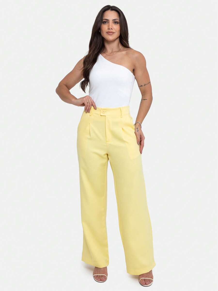 Simple Elegant Casual Polyester Zipper Pocket Button Daily Pants - Yellow - View 1