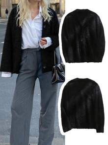 女士休闲落肩长袖单排扣开衫，女士人造毛针织毛衣，女士上衣 - 黑色 - 查看 2