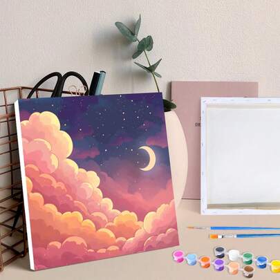 1/2pcs Framed Painting By Numbers Cartoon Abstract Moon Sky Beginner Kits Easy To Paint Diy Crafts Kits For Home Gift 20x20cm/7.87x7.87inch