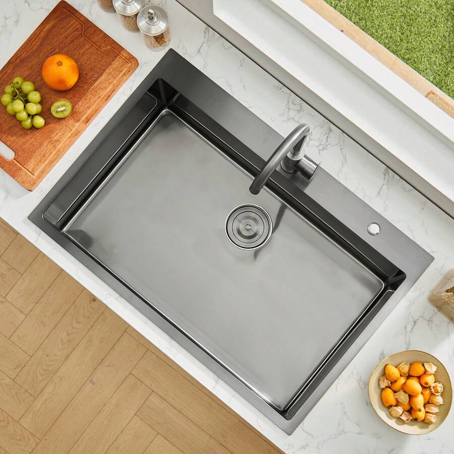 25 Inch Kitchen Sink Workstation, 304 Stainless Steel Top Mount Sinks, Drop-In Single Bowl Farmhouse Basin With Accessories, Household Dishwasher Sinks For RV, Prep Kitchen, And Bar (Black) - Black - View 1