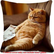 1 件懒猫枕套，报纸主题枕套，45x45 厘米，适用于沙发、农舍，单面印花，可爱又有趣的宠物猫抱枕套，无枕芯 - 棕色 - 查看 1
