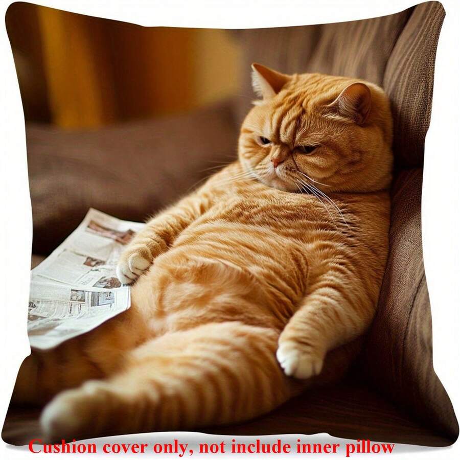 1 件懒猫枕套，报纸主题枕套，45x45 厘米，适用于沙发、农舍，单面印花，可爱又有趣的宠物猫抱枕套，无枕芯 - 棕色 - 查看 1