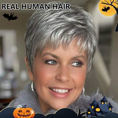 Grey Color Style Human Hair Wig Short Straight Layered Hair Brazilian Remy Hair Wigs For Women 6inch 150% Density Glueless Wig Human Hair Grey Color For Party And Mother's Day And Halloween Costumes & Christmas