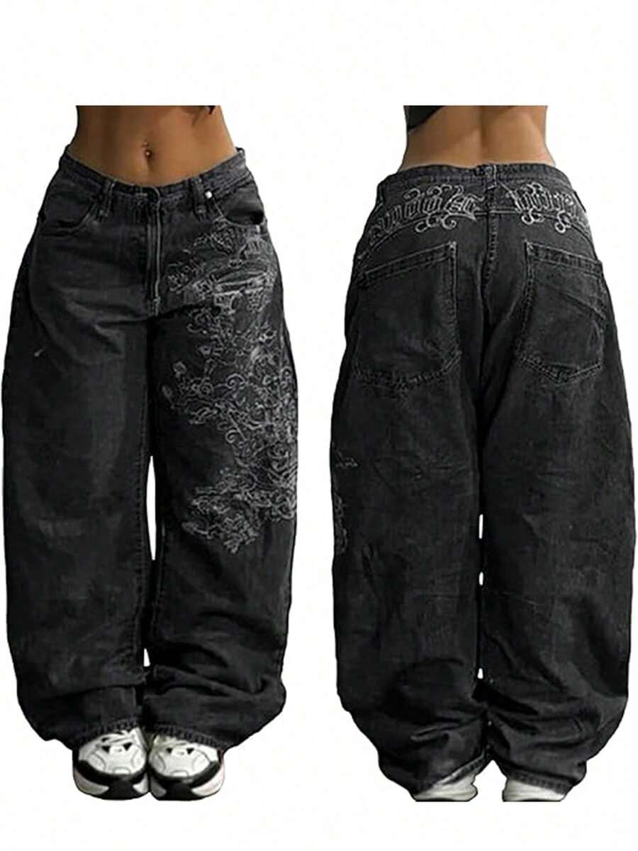 Women's Hip Hop Baggy Jeans Wide Leg Mid-Low Waist Jeans Loose Boyfriends Jeans 90s Vintage Denim Pants - 黑色-1 - 查看 1
