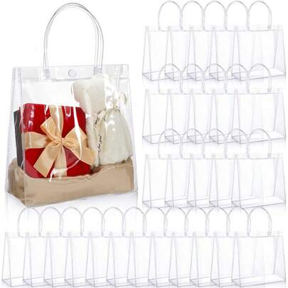 1/5/10/20/30/50pcs Set Waterproof Transparent Pvc Button Gift Bag Shopping Bag Handbag, Perfect For Ladies' Wedding, Party And Festival Gifts Stadium Approved Clear Transparent Purse Bag For Concerts Sports Events Festivals , Transparent, Clear Waterproof Bag For Women, Perfect For Summer, Vacation & Beach