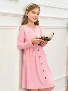 Girls Dresses Kids Button Down Midi Long Sleeve Casual A Line Dress With Pockets 4-14 Years - Xanh nhạt - Xem 8