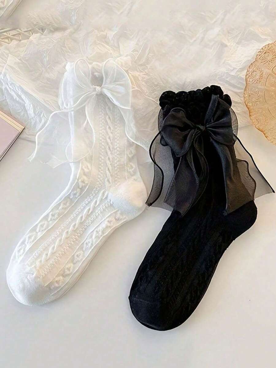 2/3/6双蝴蝶结中筒袜简约白蝴蝶结黑色蕾丝边女袜日式甜美洛丽塔蕾丝JK袜四季袜 - 彩色 - 查看 1